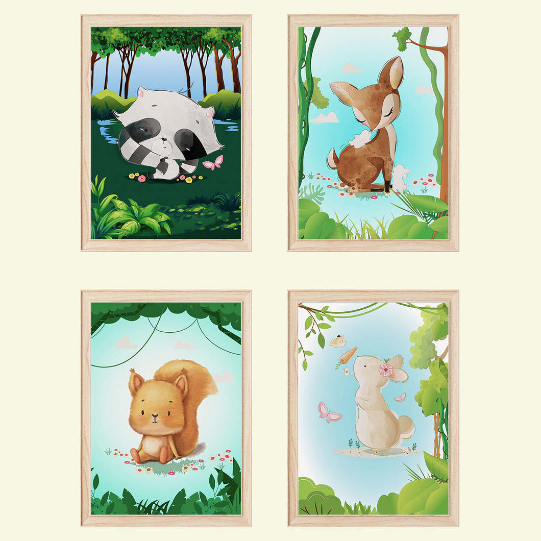 Waschbär Reh Eichhörnchen Hase Waldtiere Bilder 4er Set DIN A4 Kinderzimmer Wandbilder Babyzimmer Poster Dekoration