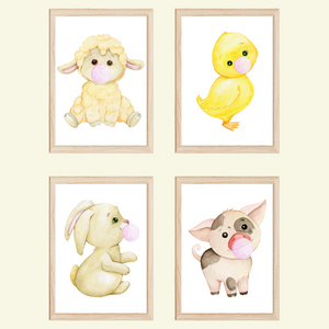 Tiere Bauernhof 4er Set Bilder Schaf Küken Hase Schwein Kinderzimmer Deko DIN A4 Poster Babyzimmer Wandbilder