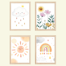 Laden Sie das Bild in den Galerie-Viewer, Sonne Wolke Blumen Regenbogen 4er Set DIN A4 Kinderzimmer Wandbilder Babyzimmer Poster Dekoration
