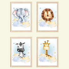Laden Sie das Bild in den Galerie-Viewer, Niedliche Tiere Bilder 4er Set DIN A4 Kinderzimmer Wandbilder Babyzimmer Poster Dekoration - Löwe Giraffe Elefant Zebra
