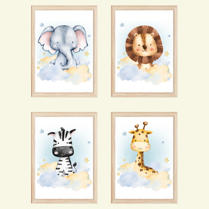 Niedliche Tiere Bilder 4er Set DIN A4 Kinderzimmer Wandbilder Babyzimmer Poster Dekoration - Löwe Giraffe Elefant Zebra