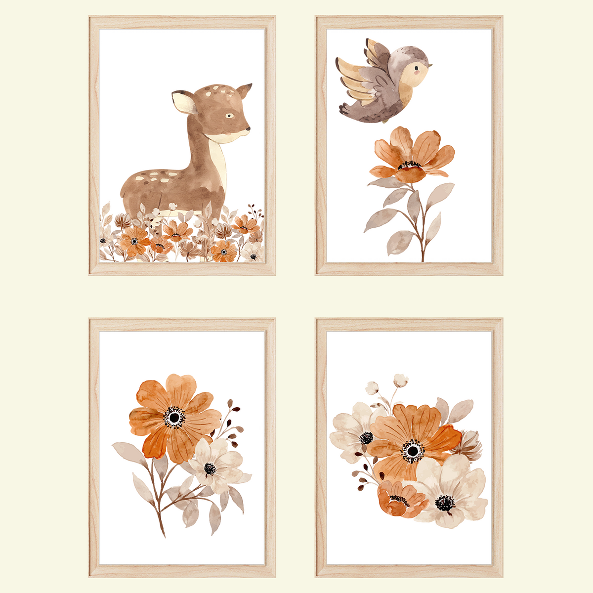 Waldtiere 4er Set Bilder Reh Vogel Blumen Kinderzimmer Deko DIN A4 Poster Babyzimmer Wandbilder