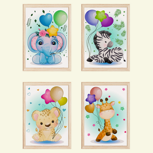 Zoo Safari Afrika Tiere Luftballon Bilder 4er Set DIN A4 Kinderzimmer Wandbilder Babyzimmer Poster Dekoration