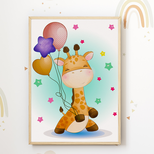 Zoo Safari Afrika Tiere Luftballon Bilder 4er Set DIN A4 Kinderzimmer Wandbilder Babyzimmer Poster Dekoration