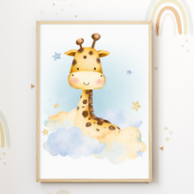 Laden Sie das Bild in den Galerie-Viewer, Niedliche Tiere Bilder 4er Set DIN A4 Kinderzimmer Wandbilder Babyzimmer Poster Dekoration - Löwe Giraffe Elefant Zebra
