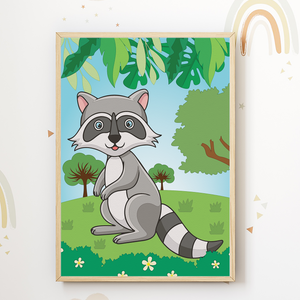 Niedliche Waldtiere Bilder 6er Set DIN A4 Kinderzimmer Wandbilder Babyzimmer Poster Dekoration - Reh Bär Fuchs Waschbär Hase Eichhörnchen