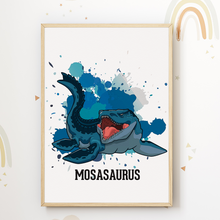 Laden Sie das Bild in den Galerie-Viewer, Dinosaurier Carnotaurus Trex Velociraptor Mosasaurus Bilder 4er Set DIN A4 Kinderzimmer Wandbilder Babyzimmer Poster Dekoration
