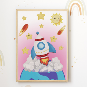 Planeten Sonne Sterne Rakete Bilder 6er Set DIN A4 Kinderzimmer Wandbilder Babyzimmer Poster Dekoration