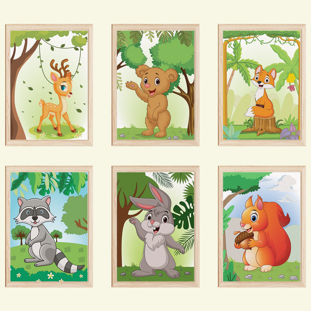 Niedliche Waldtiere Bilder 6er Set DIN A4 Kinderzimmer Wandbilder Babyzimmer Poster Dekoration - Reh Bär Fuchs Waschbär Hase Eichhörnchen