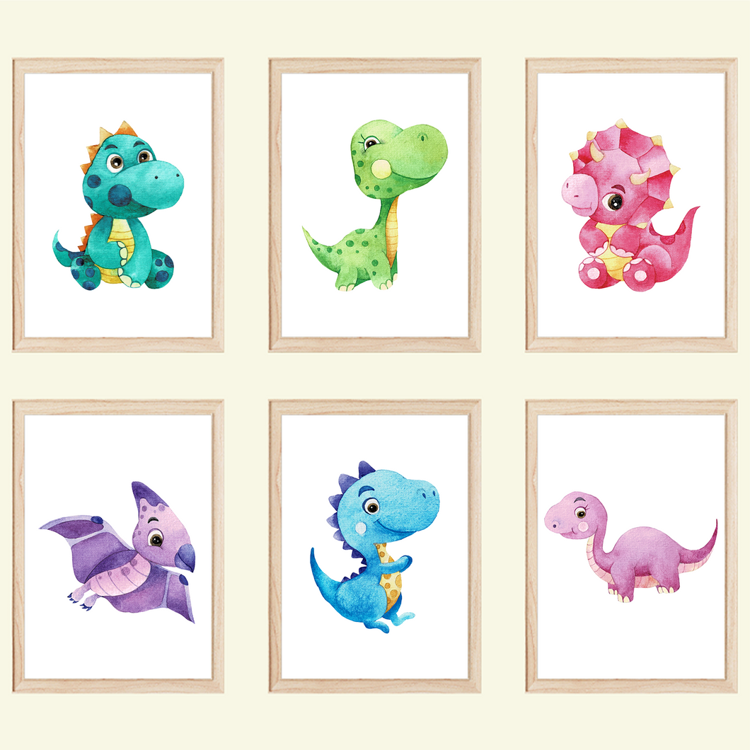 Dinosaurier 6er Set Kinderzimmer Bilder DIN A4 Wandbilder Deko Babyzimmer Dino Poster