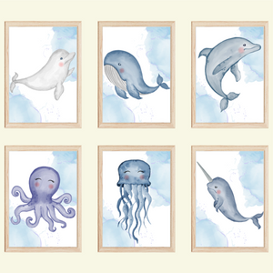 Meerestiere 6er Set Bilder Delfin Wal Krake Qualle Kinderzimmer Deko DIN A4 Poster Babyzimmer Wandbilder