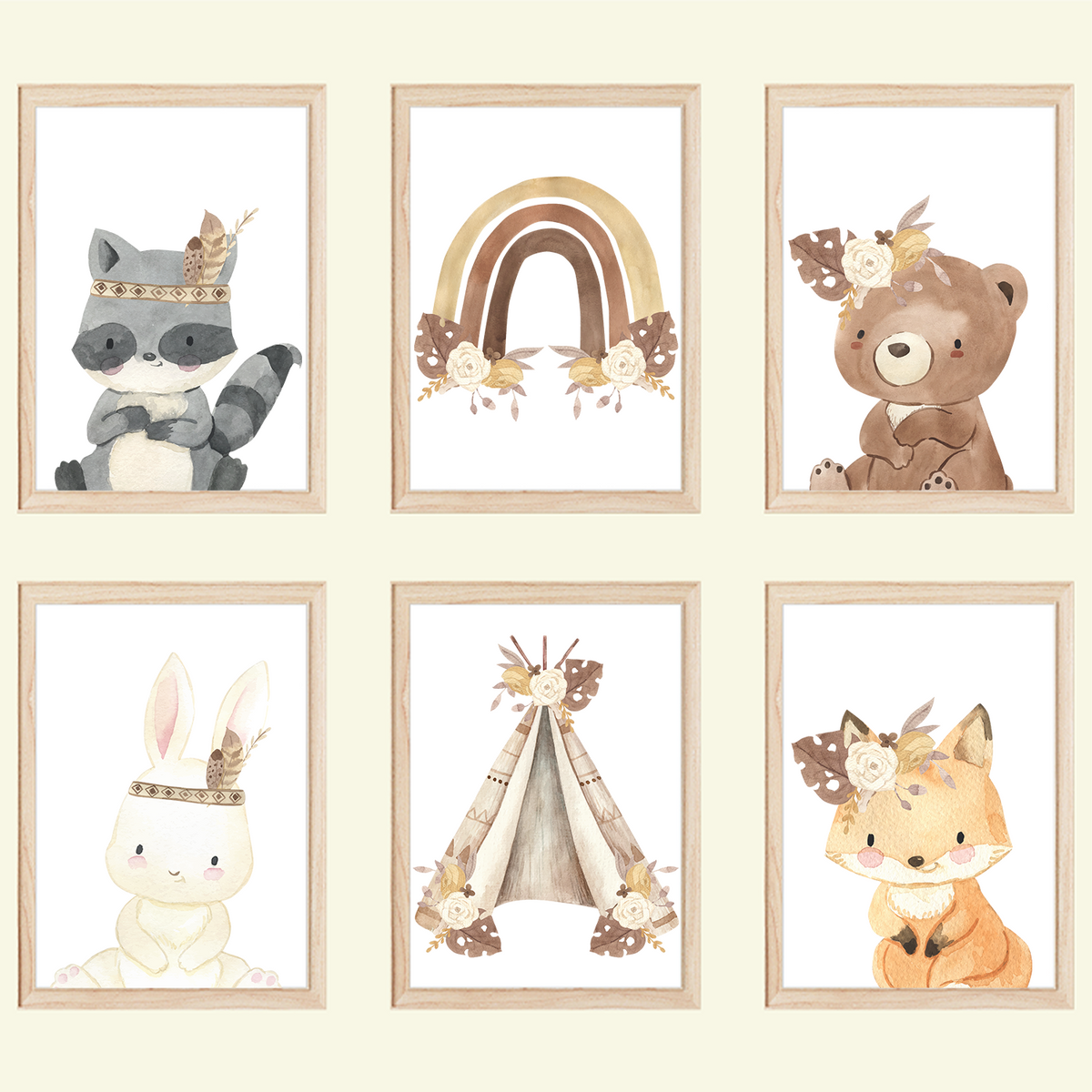 Waldtiere 6er Set Bilder Waschbär Bär Hase Fuchs Kinderzimmer Deko DIN A4 Poster