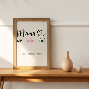 Mama wir lieben dich Poster personalisierbar DIN A4 Kunstdruck Muttertag Geschenk Danksagung Beste Mutter Wandbild Liebe Mama