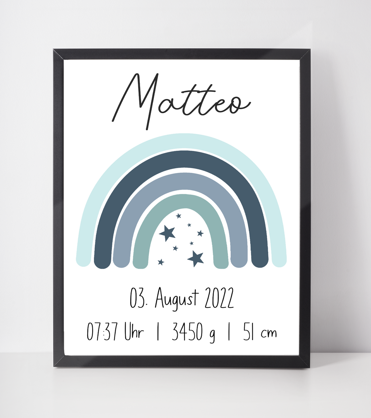 Blauer Regenbogen Geburtsposter Personalisiert Name Uhrzeit Größe Gewicht | Kinderzimmer Babygeschenk  | Geburt Baby Poster