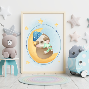 3er Set Poster für Kinderzimmer Bilder Babyzimmer Babyparty Kinderposter Faultier Blau
