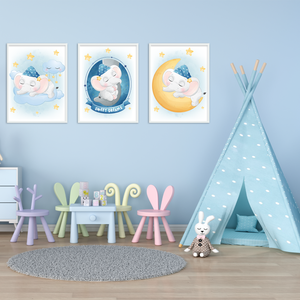 3er Set Poster für Kinderzimmer Bilder Babyzimmer Babyparty Kinderposter Elefant