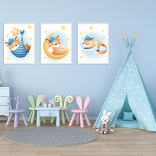 Laden Sie das Bild in den Galerie-Viewer, 3er Set Poster für Kinderzimmer Bilder Babyzimmer Babyparty Kinderposter Fuchs Blau
