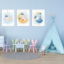 Laden Sie das Bild in den Galerie-Viewer, 3er Set Poster für Kinderzimmer Bilder Babyzimmer Babyparty Kinderposter Hase Blau
