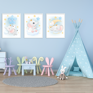 3er Set Poster für Kinderzimmer Bilder Babyzimmer Babyparty Kinderposter Elefant Hase