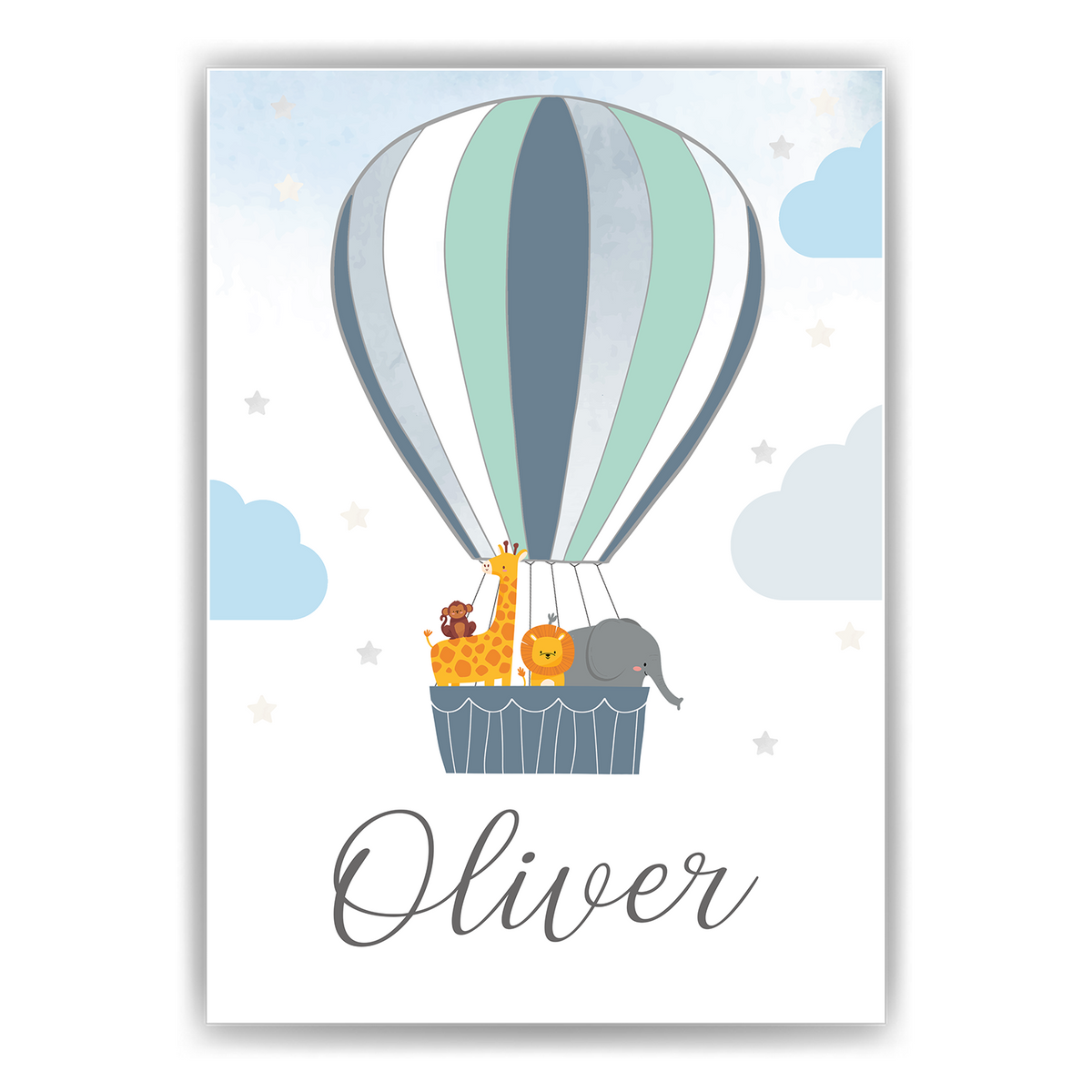 Kinderposter personalisiert Name | Kinderzimmer Bild Heißluftballon Safari Tiere