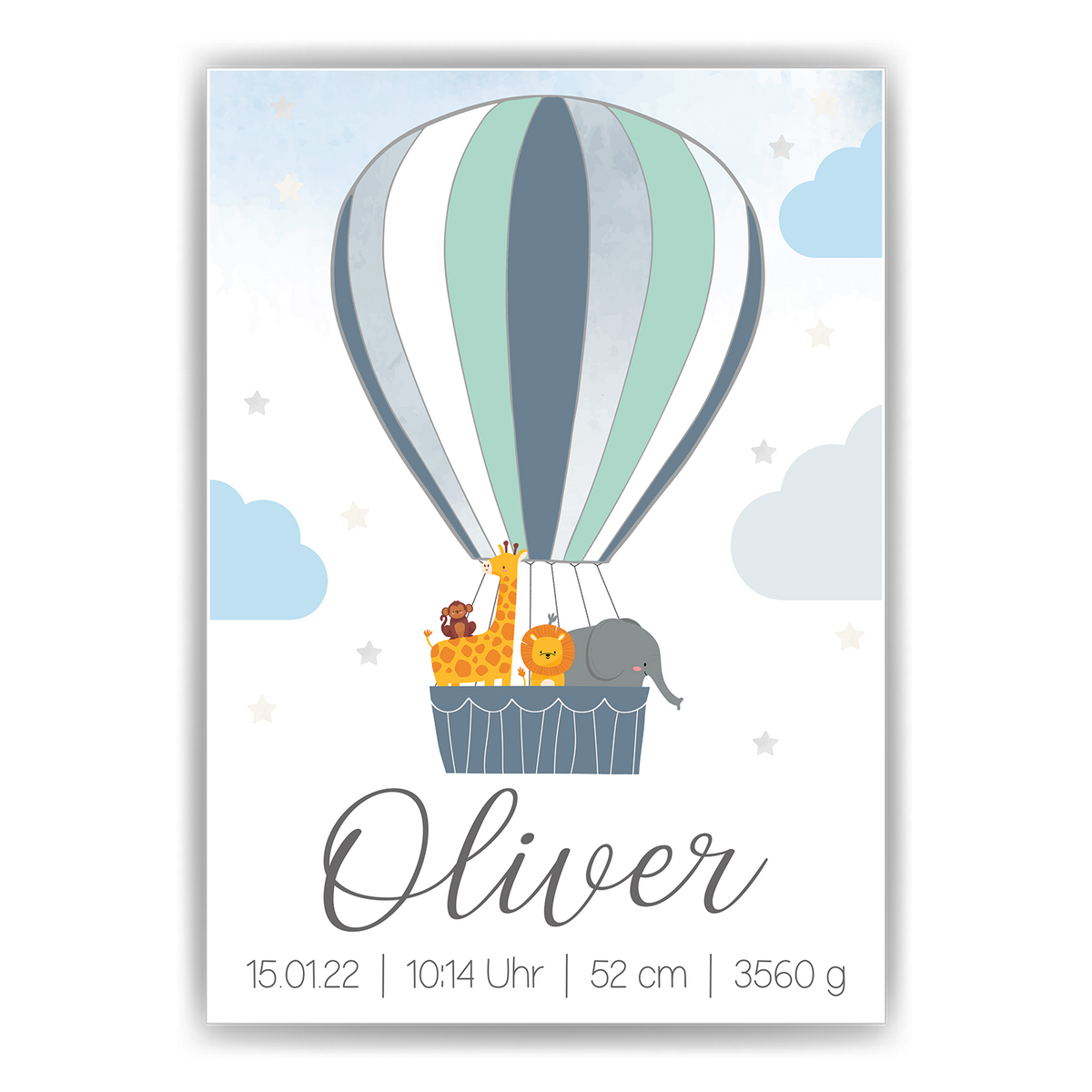 Geburtsposter personalisiert | Heißluftballon Safari Tiere Kinderposter Kinderzimmer Bild Babyposter