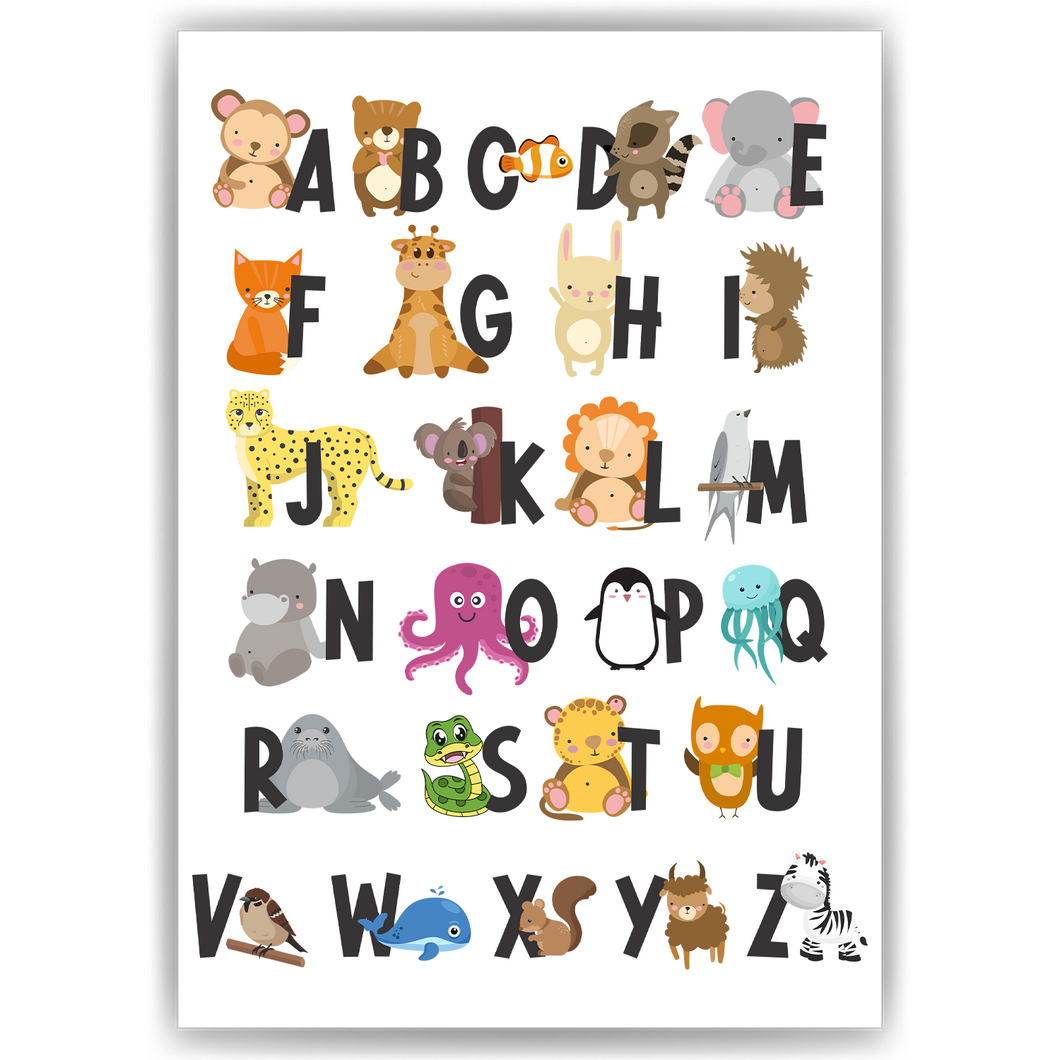 Kinderposter Alphabet Lernposter Kinderzimmer Wandbild Einschulung Kindergarten Grundschule Tiere ABC Lernhilfe für Kinder