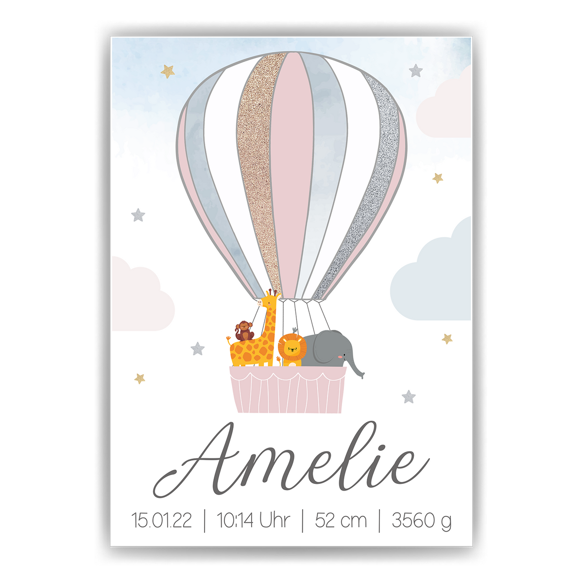 Geburtsposter personalisiert | Heißluftballon Safari Tiere Babyposter Kinderzimmer Bild Kinderposter