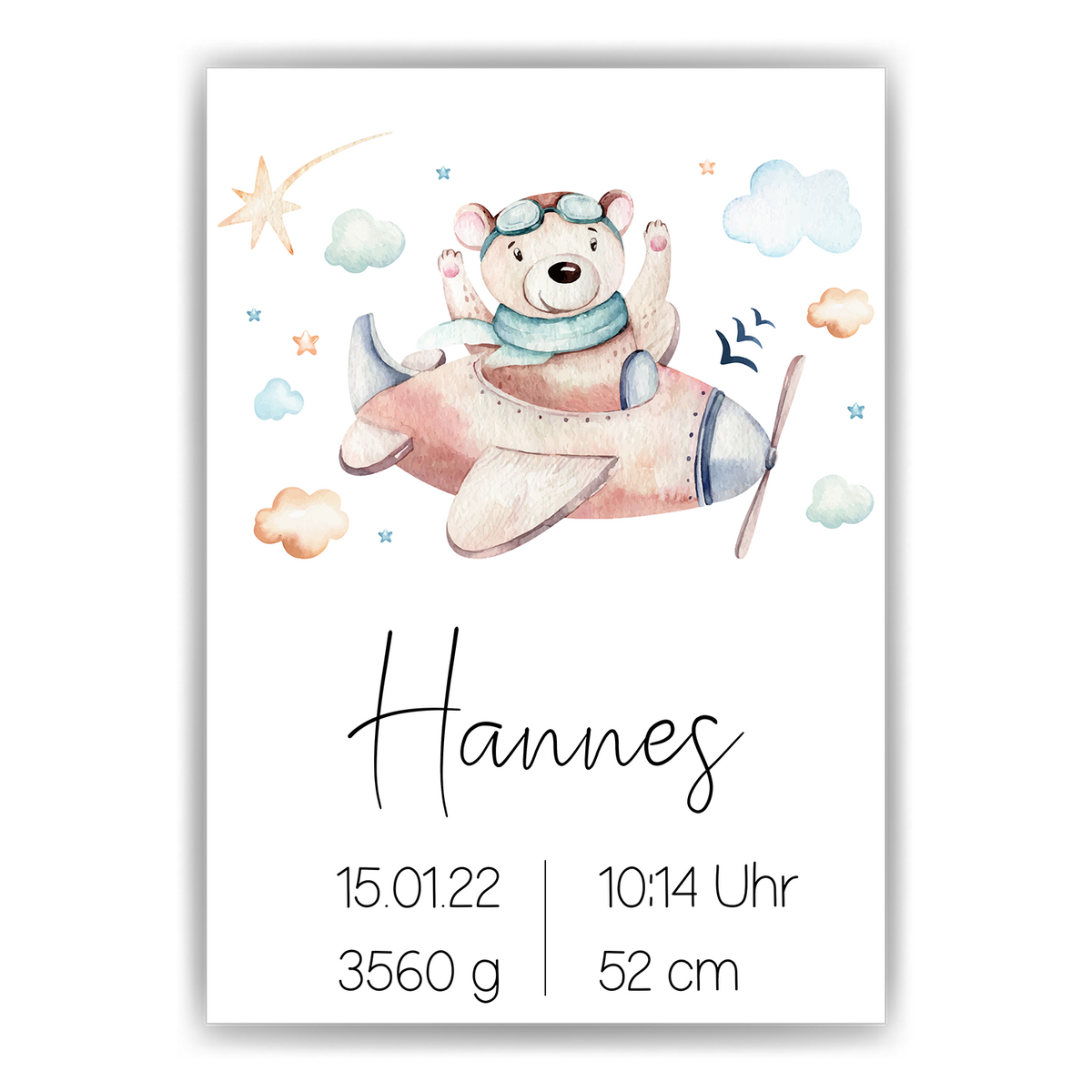 Flugzeug Bär Geburtsposter personalisiert | Name Name Uhrzeit Größe Gewicht | Kinderzimmer Bild Babyposter Kinderposter Geschenk