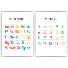 Laden Sie das Bild in den Galerie-Viewer, Englisch ABC Kinderposter 2er Set Alphabet Lernposter Buchstaben &amp; Zahlen | Kinderzimmer Wandbilder Lernhilfe für Kinder
