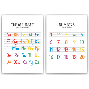 Englisch ABC Kinderposter 2er Set Alphabet Lernposter Buchstaben & Zahlen | Kinderzimmer Wandbilder Lernhilfe für Kinder