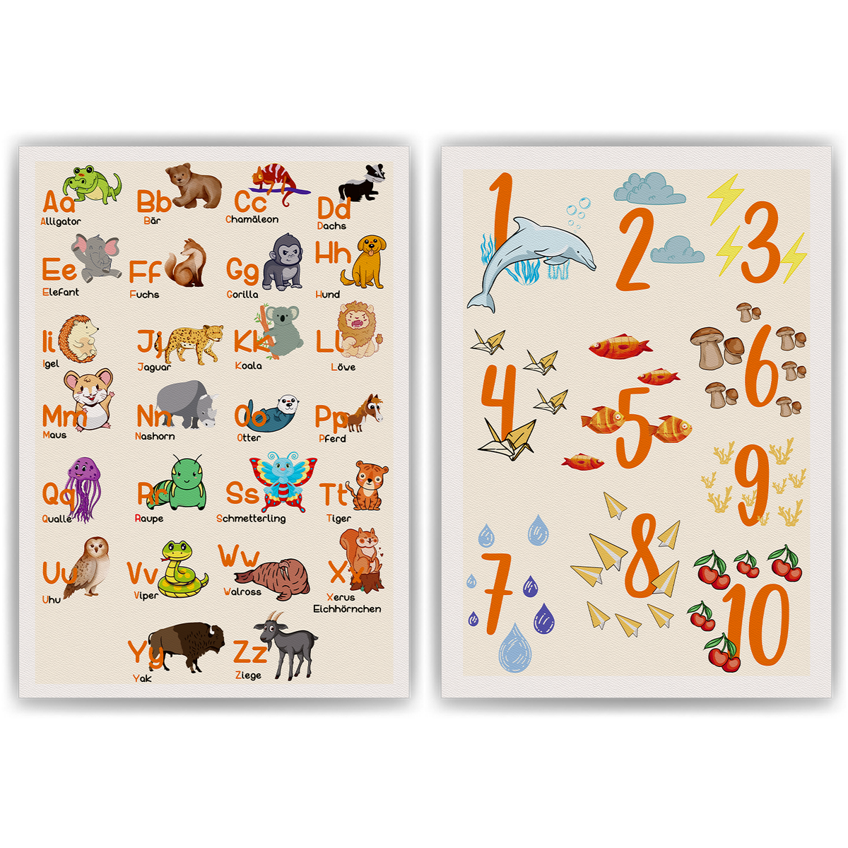 2er Set Kinderposter Tiere ABC, Zahlen Lernposter Kinderzimmer Wandbilder Kindergarten Grundschule Alphabet Lernhilfe für Kinder