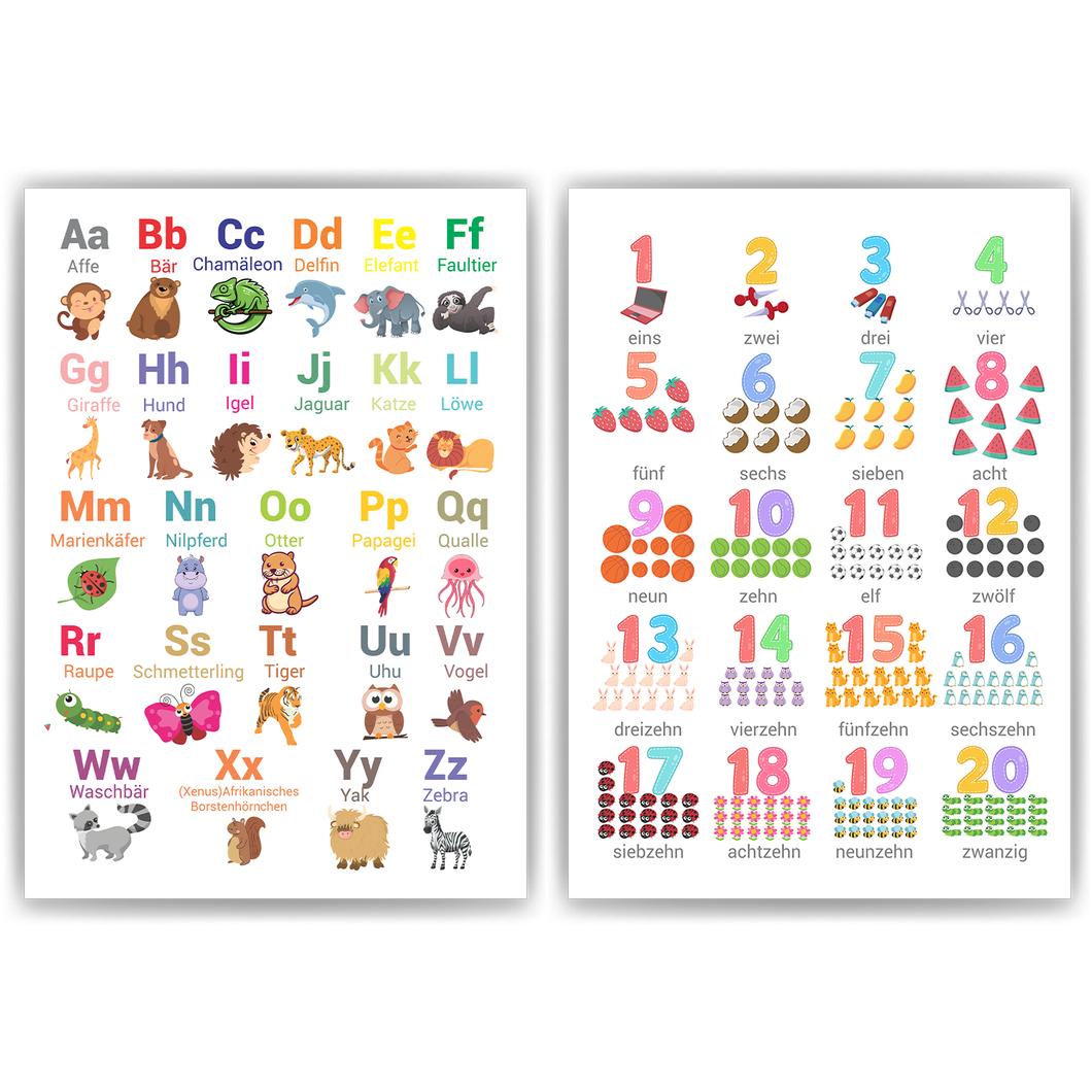 Kinderposter 2er Set Tier ABC, Zahlen Lernposter Kinderzimmer Wandbilder Einschulung Kindergarten Grundschule Alphabet Lernhilfe für Kinder