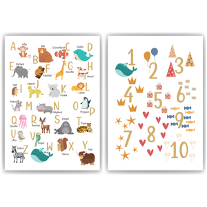 Kinderposter 2er Set Tiere ABC, Zahlen Lernposter Kinderzimmer Wandbilder Einschulung Kindergarten Grundschule Alphabet Lernhilfe für Kinder