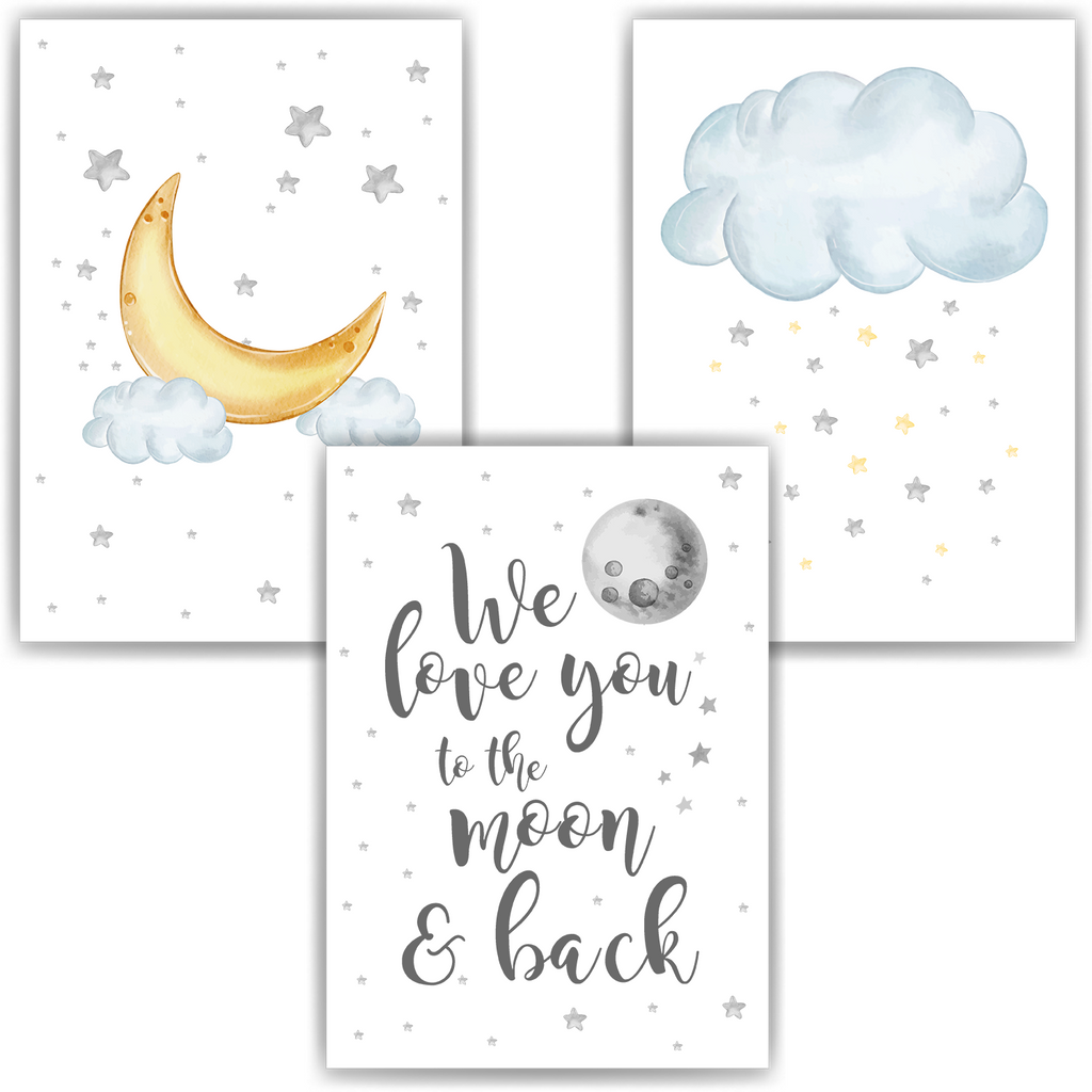 We Love You to the Moon and Back - 3er Set Bilder Kinderzimmer Deko DIN A4 Poster Babyzimmer Wandbilder