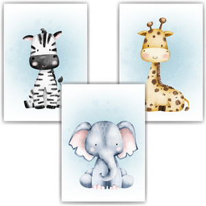 Safari Tiere 3er Set Bilder Zebra Elefant Giraffe Kinderzimmer Deko DIN A4 Poster Babyzimmer Wandbilder