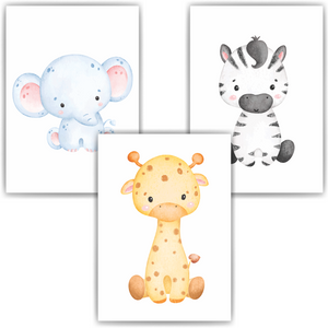 Niedliche Safari Tiere Elefant Zebra Giraffe 3er Set Kinderzimmer Bilder DIN A4 Wandbilder Deko Babyzimmer Poster