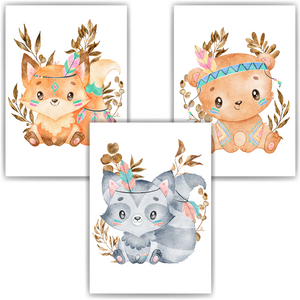 Niedliche Indianer Tiere 3er Set DIN A4 Kinderzimmer Wandbilder Babyzimmer Poster Dekoration