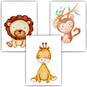 Safari Tiere Bilder 3er Set DIN A4 Kinderzimmer Wandbilder Babyzimmer Poster Dekoration - Affe Löwe Giraffe