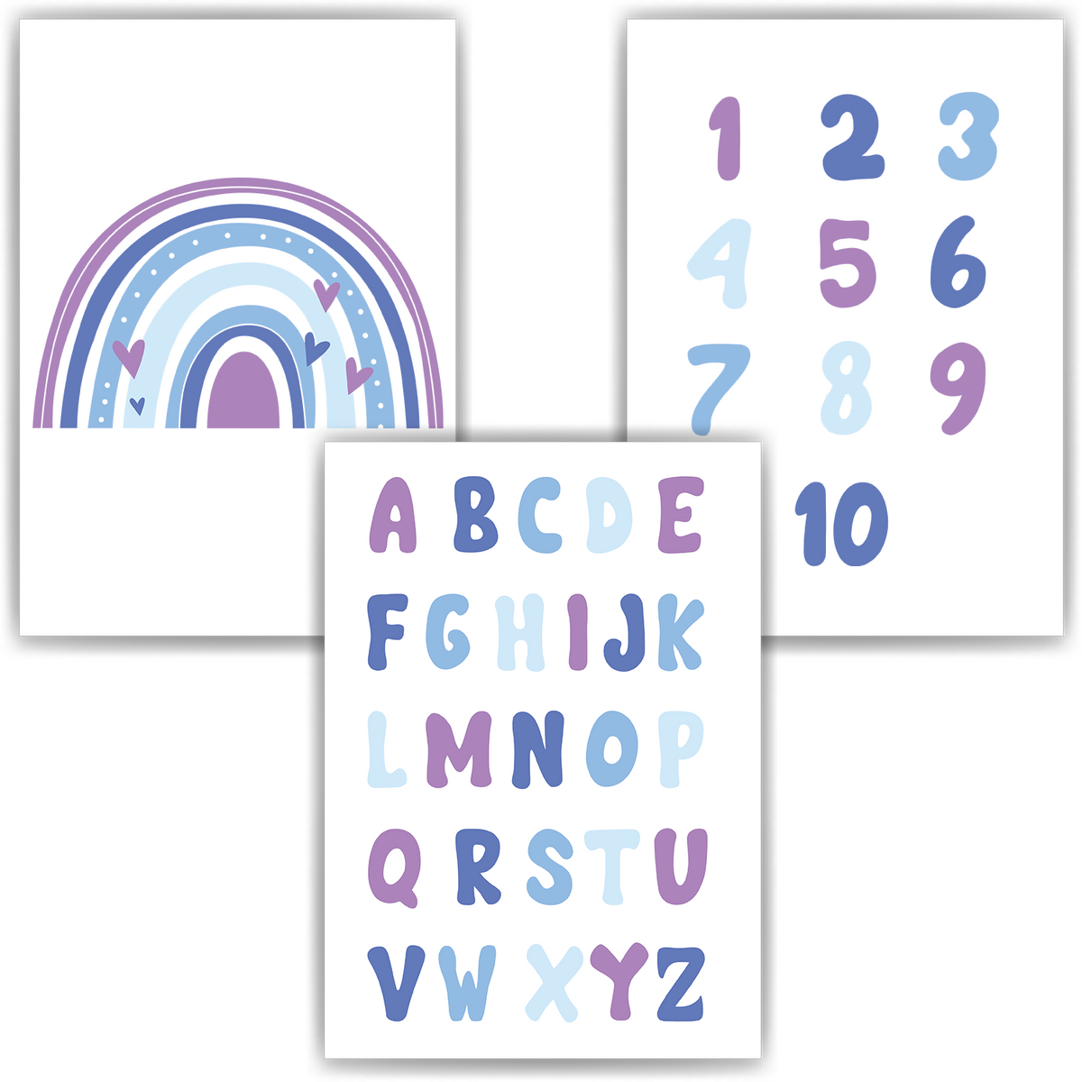 Alphabet & Zahlen Kinderposter 3er Set ABC Lernposter | Kinderzimmer Wandbilder Einschulung Kindergarten Grundschule Lernhilfe für Kinder