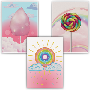 Zuckerwatte Lollipop Süßigkeiten Bilder 3er Set DIN A4 Kinderzimmer Wandbilder Babyzimmer Poster Dekoration