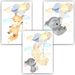 Luftballon Tiere Bilder 3er Set DIN A4 Kinderzimmer Wandbilder Babyzimmer Poster Dekoration - Fuchs Maus Hase Koala