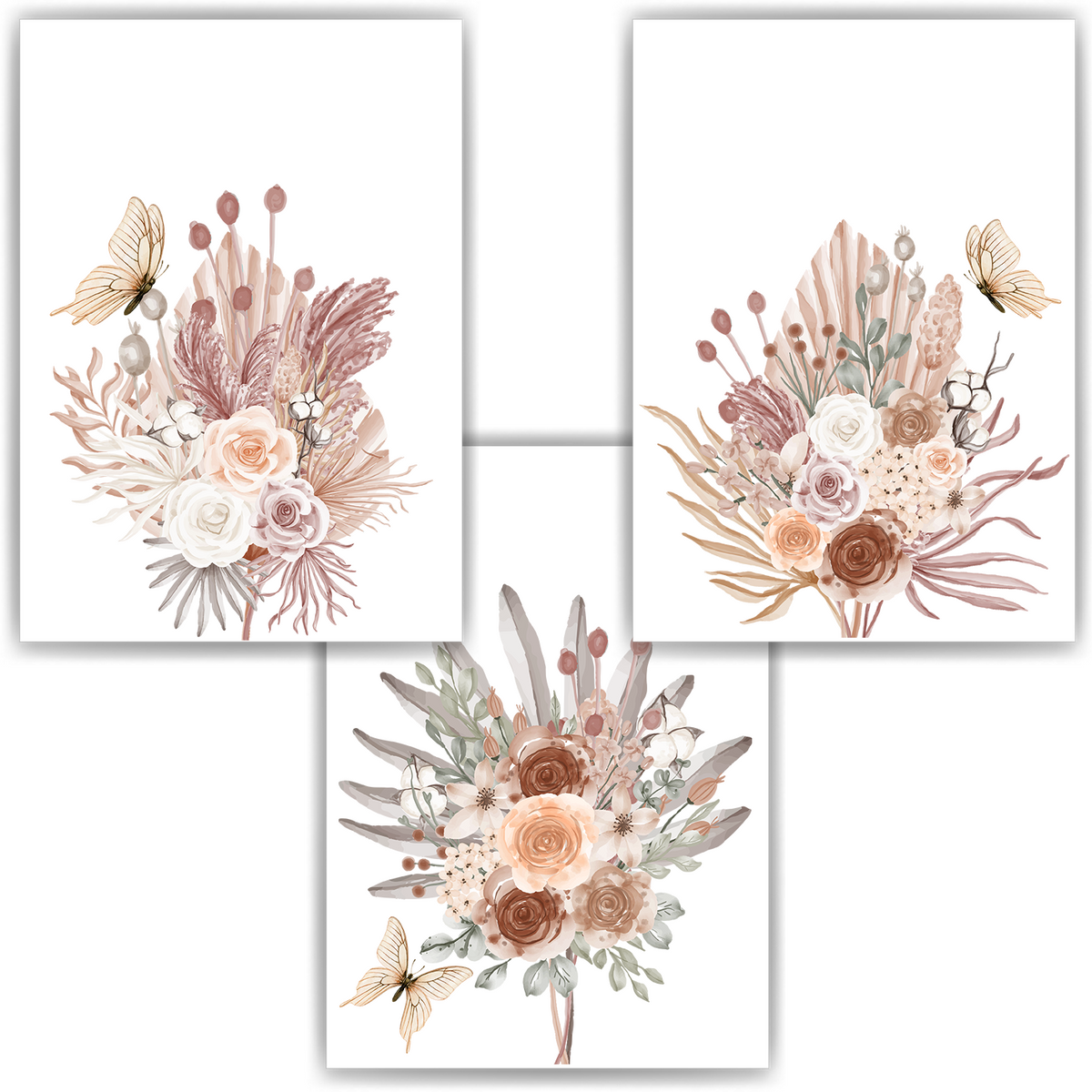 Blumen Boho Natur Schmetterling 3er Set Bilder Kinderzimmer Deko DIN A4 Poster Babyzimmer Wandbilder