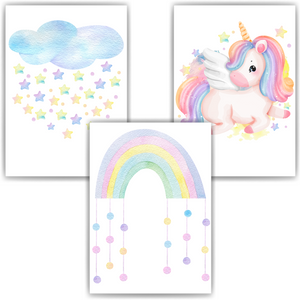 Regenbogen Einhorn Bilder 3er Set DIN A4 Kinderzimmer Wandbilder Babyzimmer Poster Dekoration