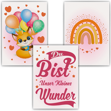 Laden Sie das Bild in den Galerie-Viewer, Du bist unser kleines Wunder Bilder 3er Set DIN A4 Kinderzimmer Wandbilder Babyzimmer Poster Dekoration Fuchs Regenbogen Luftballon
