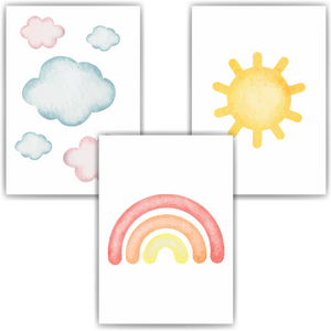 Farbenfrohe Wolken Regenbogen Sonne 3er Set Kinderzimmer Bilder DIN A4 Wandbilder Deko Babyzimmer Poster