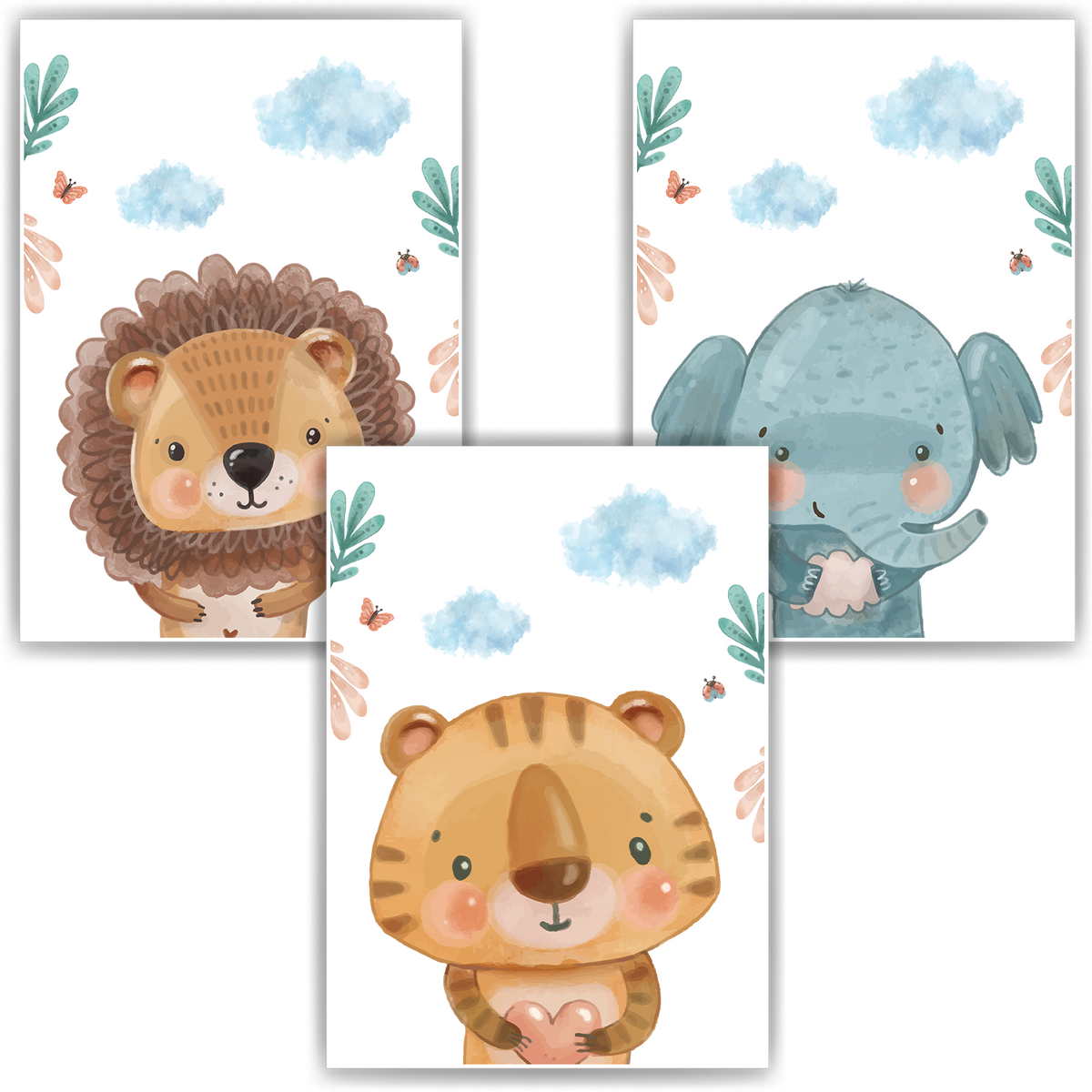 Safari Tiere 3er Set Bilder Löwe Tiger Elefant Kinderzimmer Deko DIN A4 Poster Babyzimmer Wandbilder