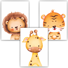 Laden Sie das Bild in den Galerie-Viewer, Löwe Giraffe Tiger Safari Tiere 3er Set Kinderzimmer Bilder DIN A4 Wandbilder Deko Babyzimmer Poster
