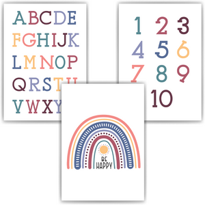 Alphabet Zahlen Kinderposter 3er Set Lernposter ABC | Kinderzimmer Wandbilder Einschulung Kindergarten Grundschule Lernhilfe für Kinder