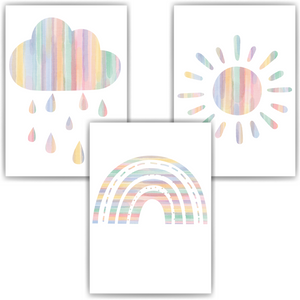 Boho Regenbogen Sonne Wolke 3er Set Bilder Kinderzimmer Deko DIN A4 Poster Babyzimmer Wandbilder