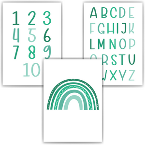 Alphabet & Zahlen Kinderposter 3er Set Lernposter ABC | Kinderzimmer Wandbilder Einschulung Kindergarten Grundschule Lernhilfe für Kinder